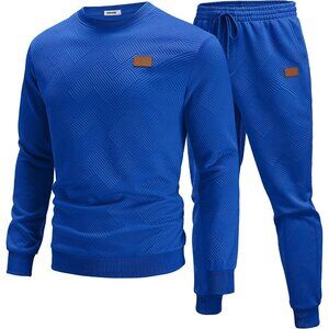 Men's 2 Piece Sweat suit Jogging Suit Set Long Sleeve Jacquard Shirt Bright Blue